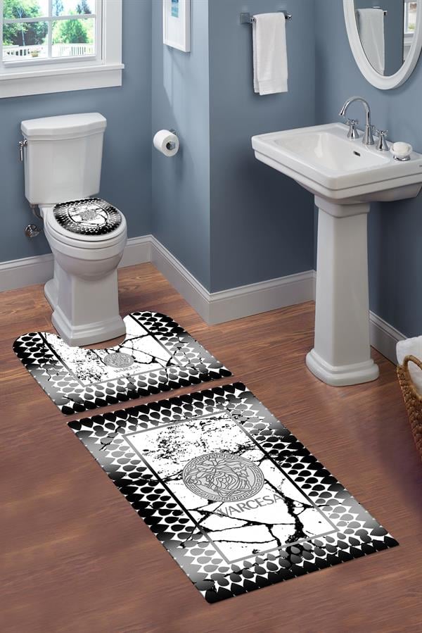 Yıkanabilir Kaymaz Tabanlı Dekoratif Desenli 3 Lü Klozet Takımı Banyo Paspas Seti
