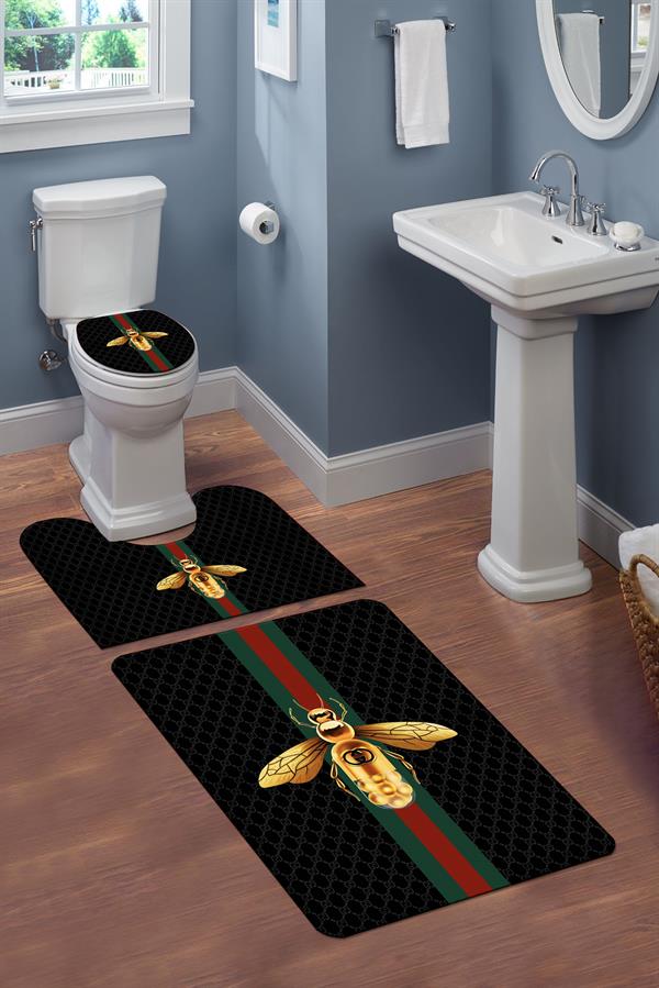 Yıkanabilir Kaymaz Tabanlı Dekoratif Desenli 3'lü Klozet Takımı Banyo Paspas Seti
