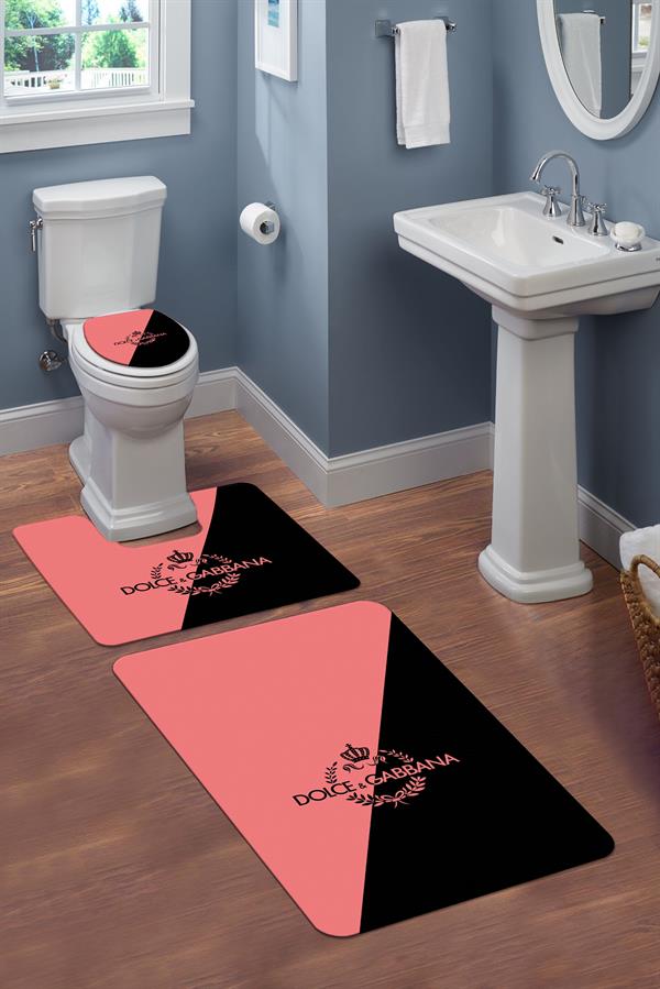 Yıkanabilir Kaymaz Tabanlı Dekoratif Desenli 3 Lü Klozet Takımı Banyo Paspas Seti