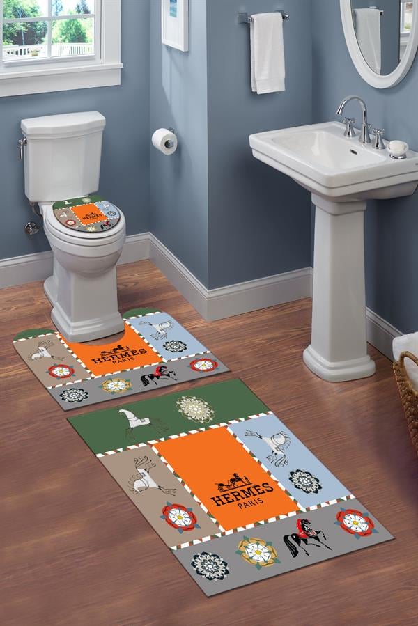 Yıkanabilir Kaymaz Tabanlı Dekoratif Desenli 3 Lü Klozet Takımı Banyo Paspas Seti