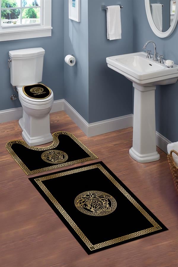 Yıkanabilir Kaymaz Tabanlı Dekoratif Desenli 3 Lü Klozet Takımı Banyo Paspas Seti