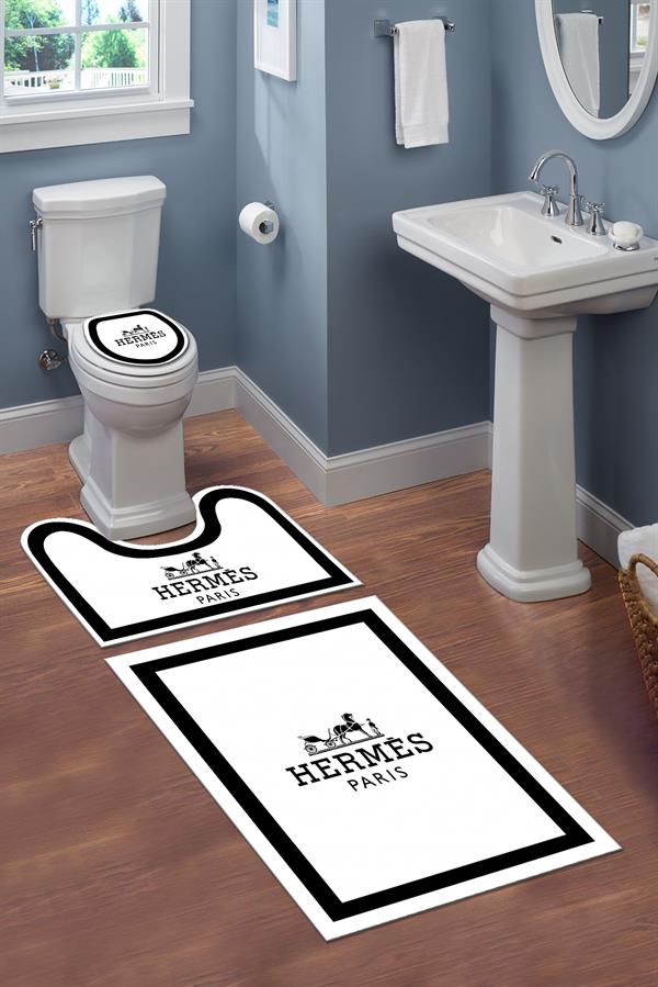 Yıkanabilir Kaymaz Tabanlı Dekoratif Desenli 3 Lü Klozet Takımı Banyo Paspas Seti