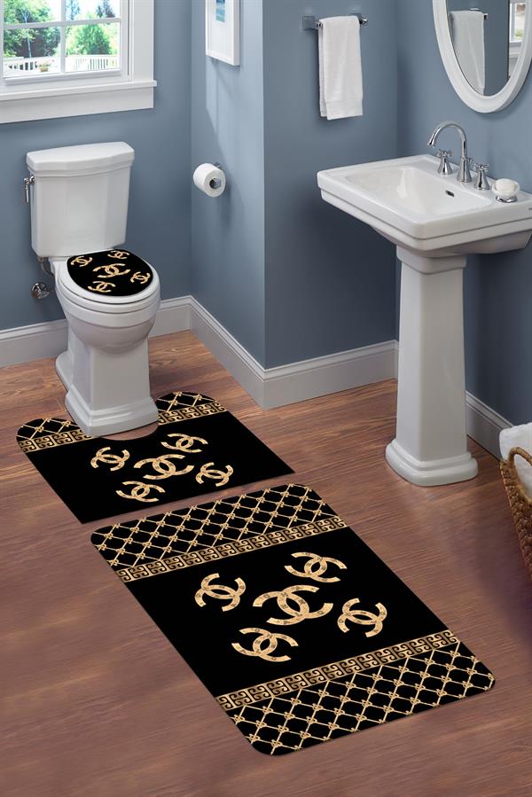 Yıkanabilir Kaymaz Tabanlı Dekoratif Desenli 3 Lü Klozet Takımı Banyo Paspas Seti