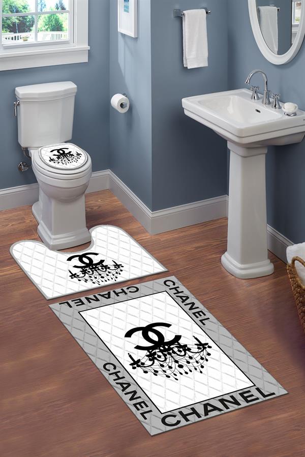 Yıkanabilir Kaymaz Tabanlı Dekoratif Desenli 3 Lü Klozet Takımı Banyo Paspas Seti