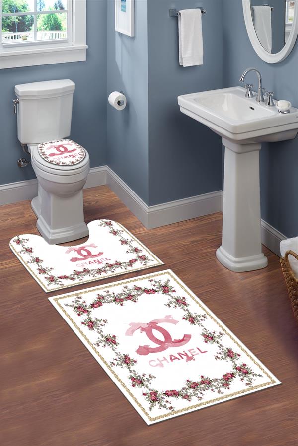 Yıkanabilir Kaymaz Tabanlı Dekoratif Desenli 3 Lü Klozet Takımı Banyo Paspas Seti