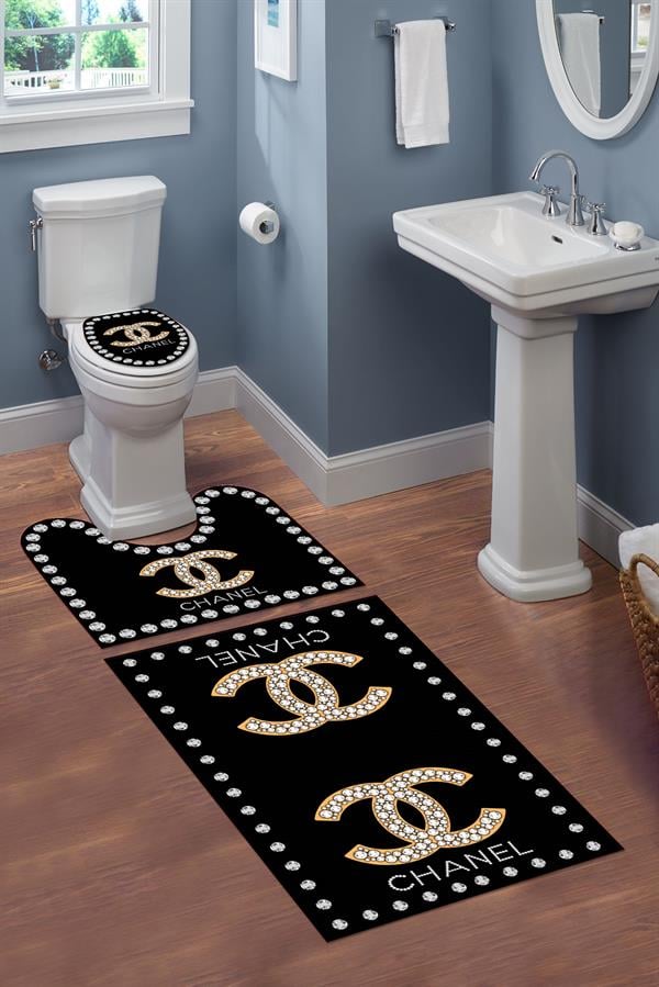 Yıkanabilir Kaymaz Tabanlı Dekoratif Desenli 3 Lü Klozet Takımı Banyo Paspas Seti