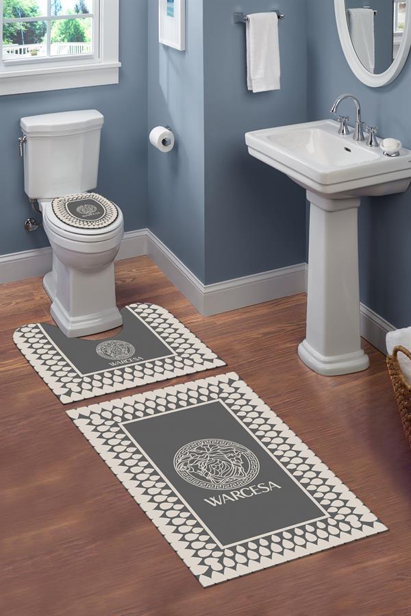 Yıkanabilir Kaymaz Tabanlı Dekoratif Desenli 3 Lü Klozet Takımı Banyo Paspas Seti
