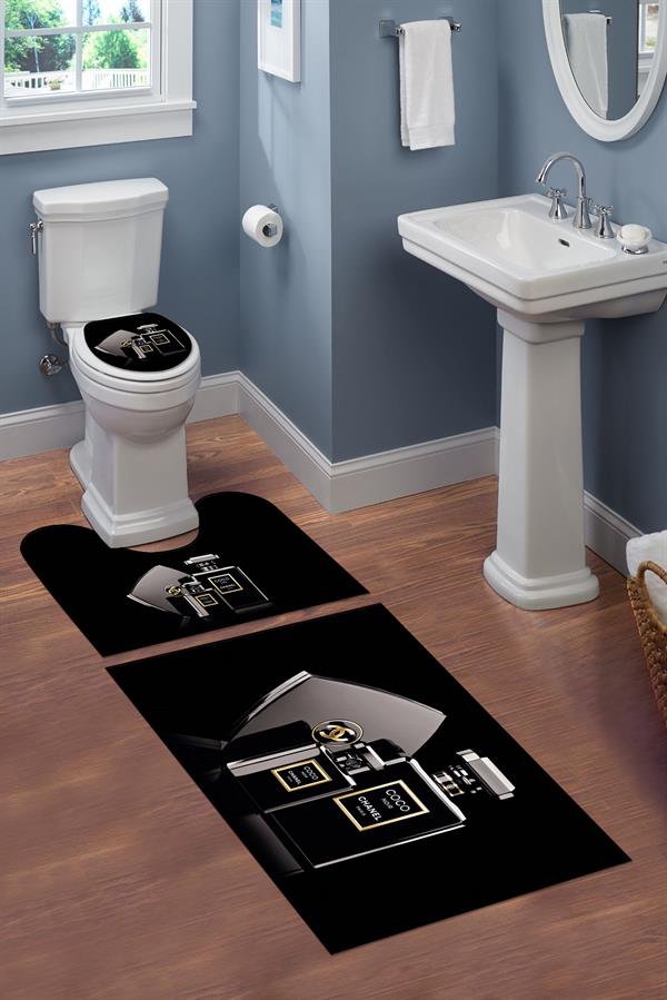 Yıkanabilir Kaymaz Tabanlı Dekoratif Desenli 3 Lü Klozet Takımı Banyo Paspas Seti