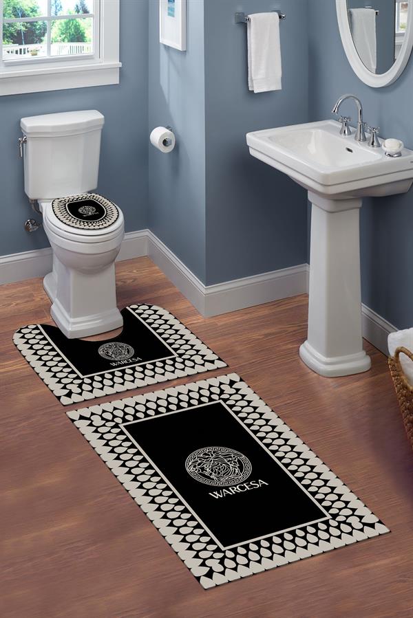 Yıkanabilir Kaymaz Tabanlı Dekoratif Desenli 3 Lü Klozet Takımı Banyo Paspas Seti