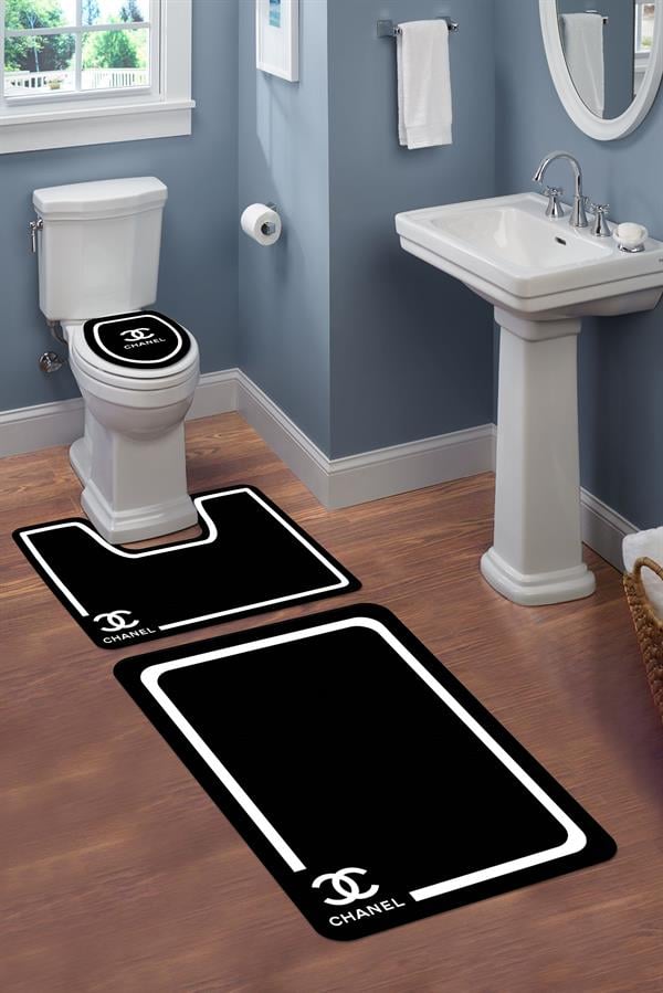 Yıkanabilir Kaymaz Tabanlı Dekoratif Desenli 3 Lü Klozet Takımı Banyo Paspas Seti