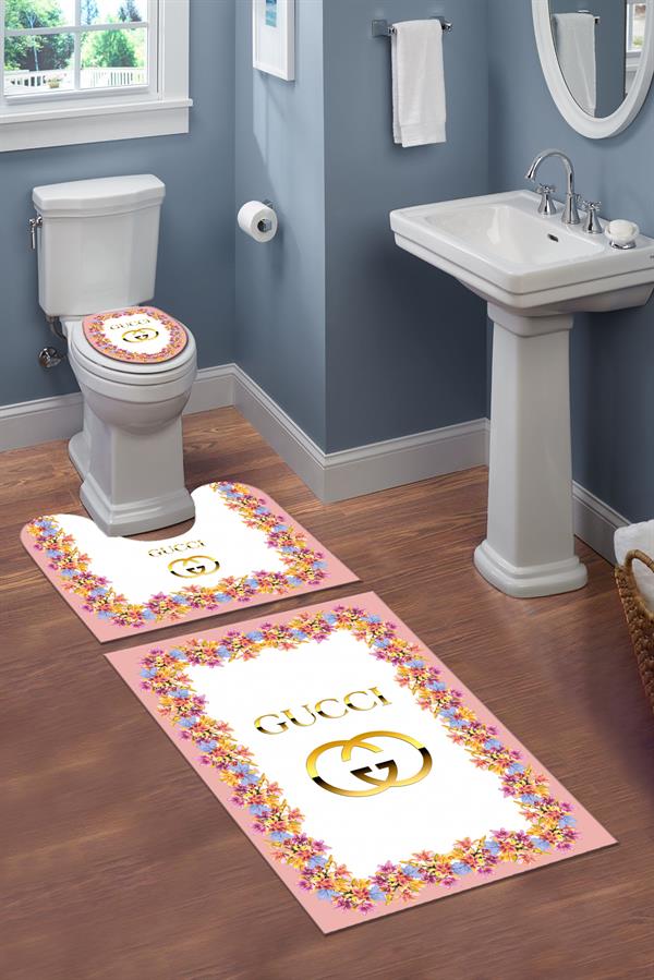 Yıkanabilir Kaymaz Tabanlı Dekoratif Desenli 3 Lü Klozet Takımı Banyo Paspas Seti
