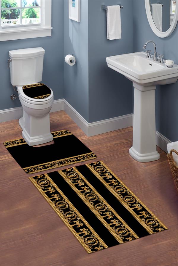 Yıkanabilir Kaymaz Tabanlı Dekoratif Desenli 3 Lü Klozet Takımı Banyo Paspas Seti
