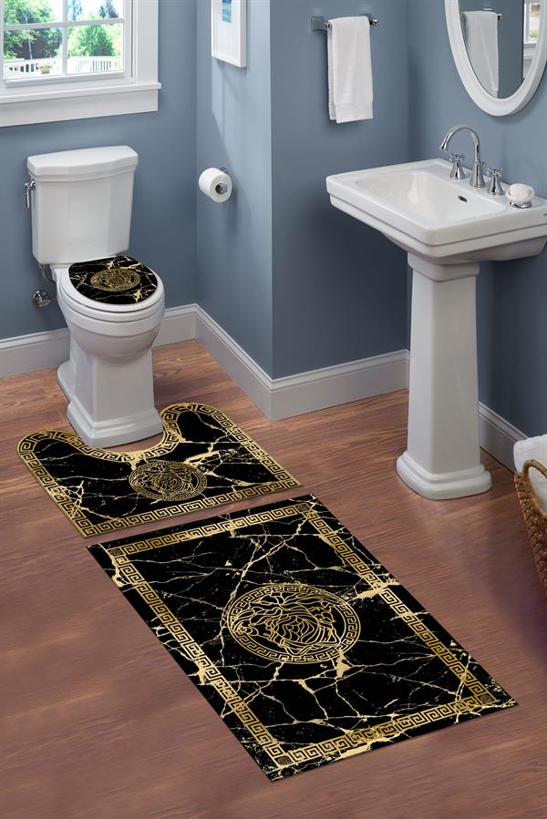 Yıkanabilir Kaymaz Tabanlı Dekoratif Desenli 3 Lü Klozet Takımı Banyo Paspas Seti