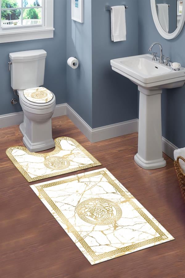 Yıkanabilir Kaymaz Tabanlı Dekoratif Desenli 3 Lü Klozet Takımı Banyo Paspas Seti