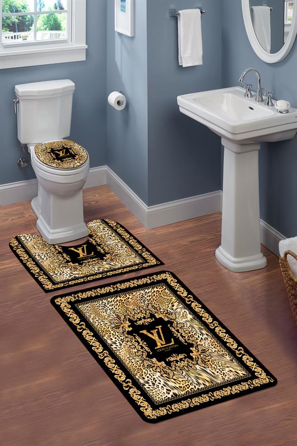 Yıkanabilir Kaymaz Tabanlı Dekoratif Desenli 3'lü Klozet Takımı Banyo Paspas Seti