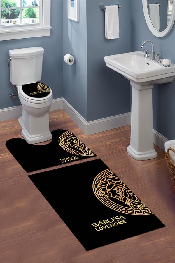 Yıkanabilir Kaymaz Tabanlı Dekoratif Desenli 3 Lü Klozet Takımı Banyo Paspas Seti