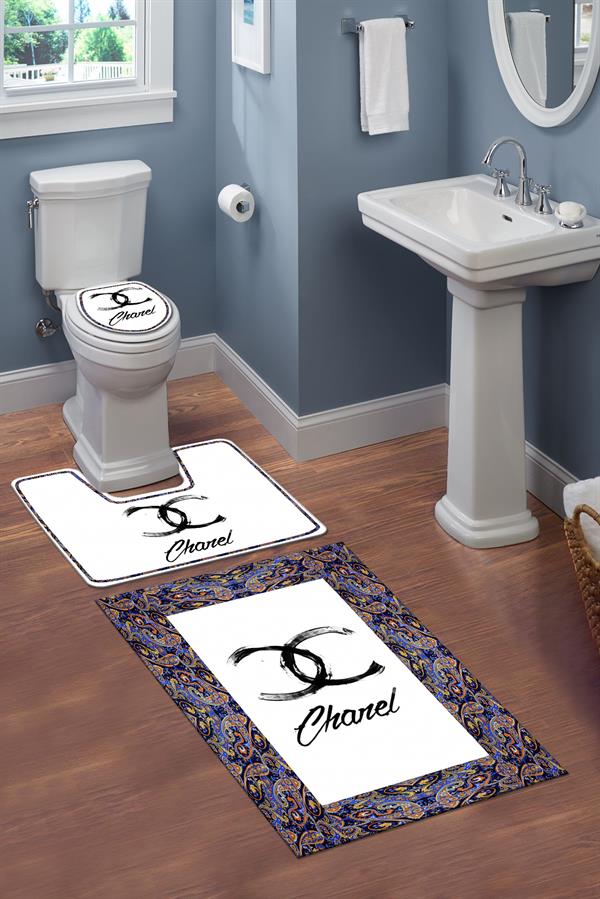 Yıkanabilir Kaymaz Tabanlı Dekoratif Desenli 3 Lü Klozet Takımı Banyo Paspas Seti