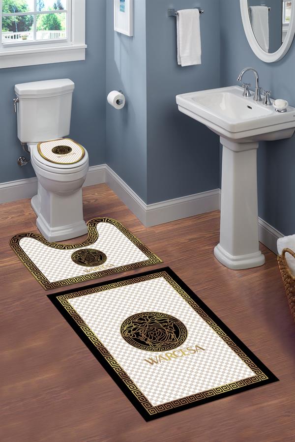 Yıkanabilir Kaymaz Tabanlı Dekoratif Desenli 3 Lü Klozet Takımı Banyo Paspas Seti