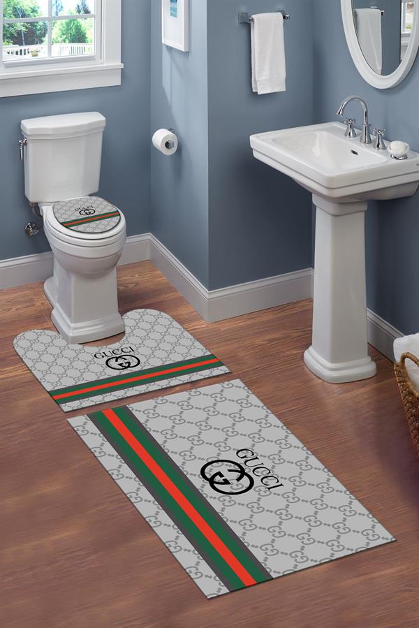 Yıkanabilir Kaymaz Tabanlı Dekoratif Desenli 3 Lü Klozet Takımı Banyo Paspas Seti