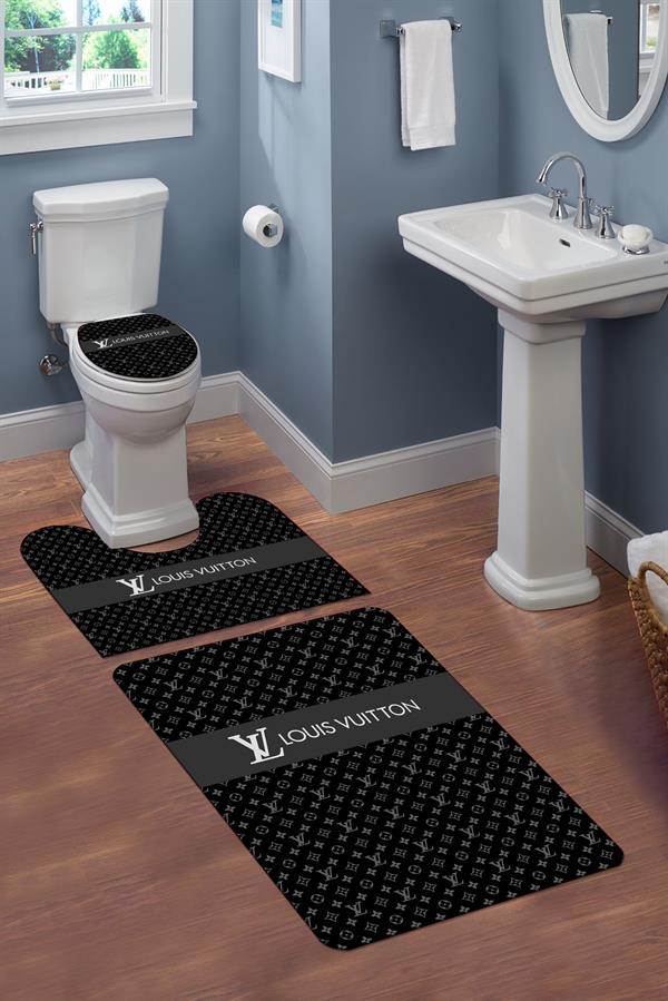 Yıkanabilir Kaymaz Tabanlı Dekoratif Desenli 3'lü Klozet Takımı Banyo Paspas Seti