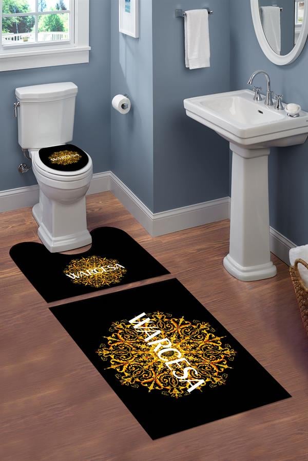 Yıkanabilir Kaymaz Tabanlı Dekoratif Desenli 3 Lü Klozet Takımı Banyo Paspas Seti