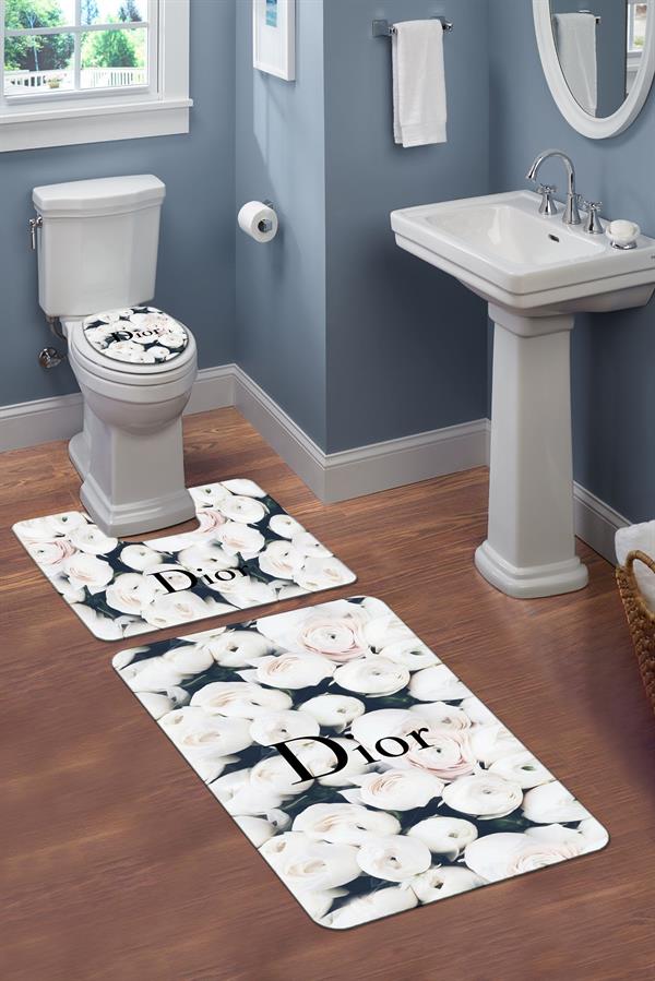 Yıkanabilir Kaymaz Tabanlı Dekoratif Desenli 3 Lü Klozet Takımı Banyo Paspas Seti