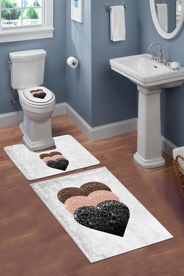 Yıkanabilir Kaymaz Tabanlı Dekoratif Kalp Desenli 3 Lü Klozet Takımı Banyo Paspas Seti