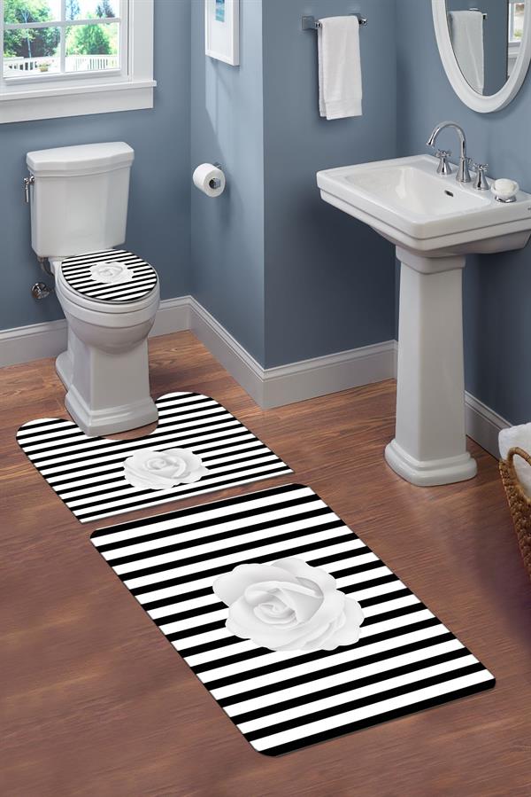 Yıkanabilir Kaymaz Tabanlı Modern Desenli 3'lü Klozet Takımı Banyo Paspas Seti