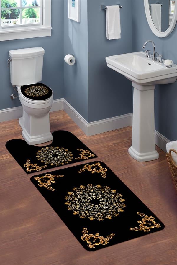 Yıkanabilir Kaymaz Tabanlı Modern Desenli 3'lü Klozet Takımı Banyo Paspas Seti