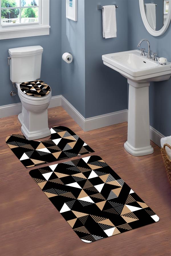 Yıkanabilir Kaymaz Tabanlı Modern Desenli 3'lü Klozet Takımı Banyo Paspas Seti