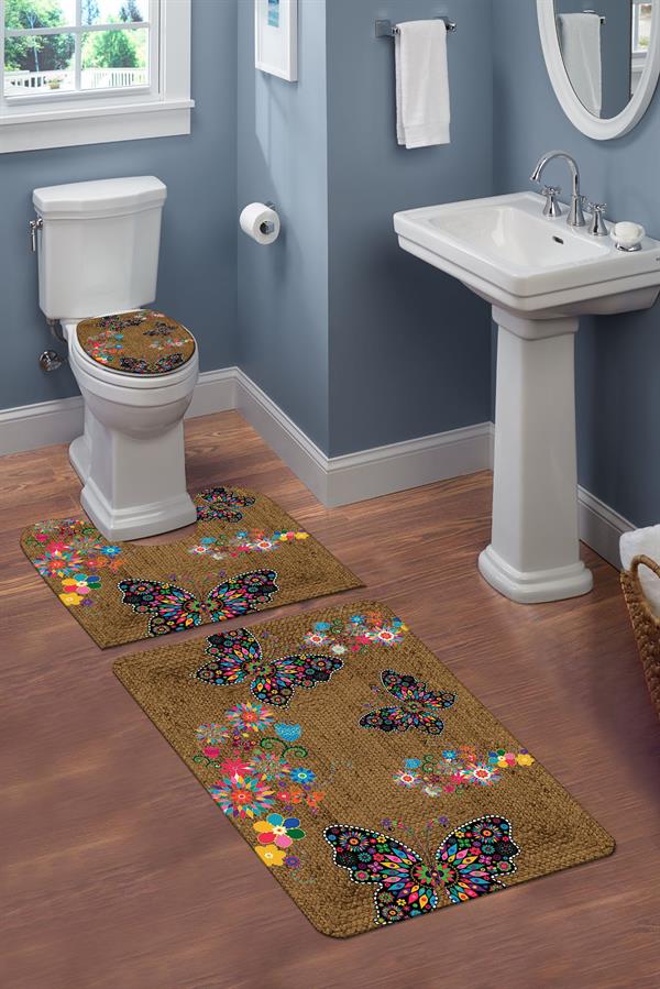 Yıkanabilir Kaymaz Tabanlı Modern Desenli 3'lü Klozet Takımı Banyo Paspas Seti