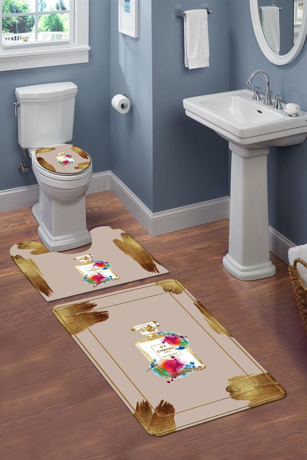 Yıkanabilir Kaymaz Tabanlı Modern Desenli 3'lü Klozet Takımı Banyo Paspas Seti