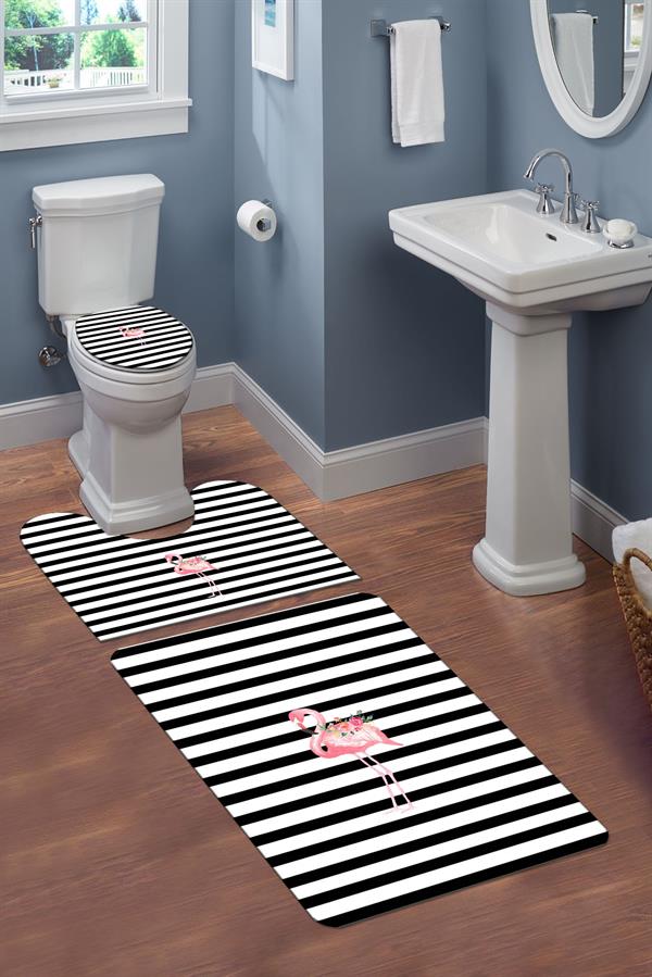 Yıkanabilir Kaymaz Tabanlı Modern Desenli 3'lü Klozet Takımı Banyo Paspas Seti