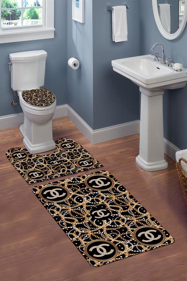 Yıkanabilir Kaymaz Tabanlı Modern Desenli 3'lü Klozet Takımı Banyo Paspas Seti