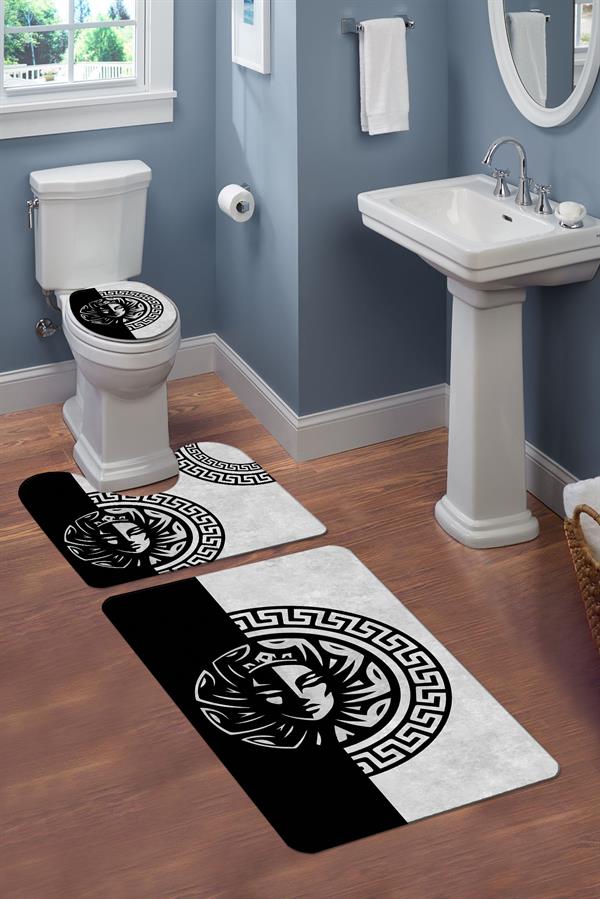 Yıkanabilir Kaymaz Tabanlı Modern Desenli 3'lü Klozet Takımı Banyo Paspas Seti APL04