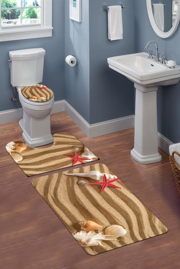 Yıkanabilir Kaymaz Tabanlı Modern Desenli 3'lü Klozet Takımı Banyo Paspas Seti