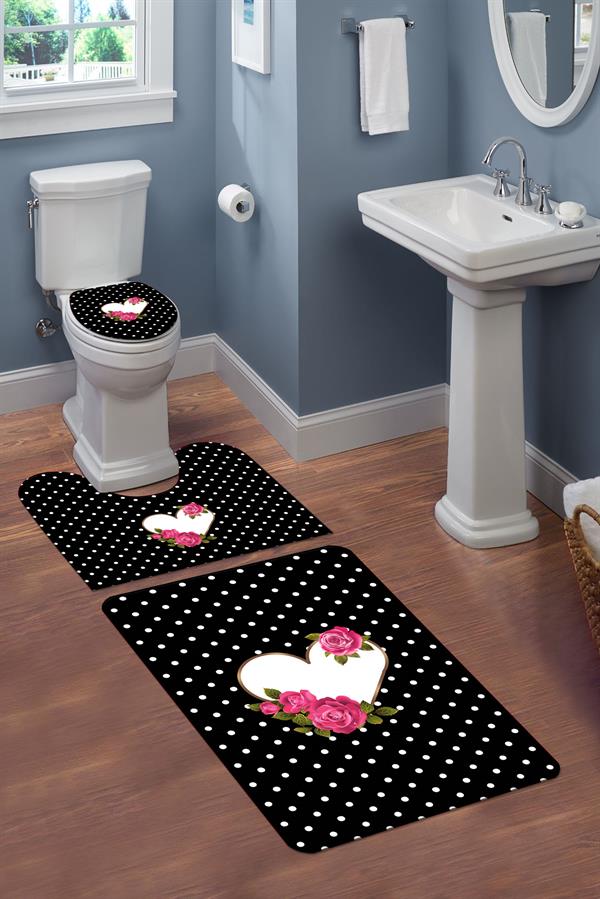 Yıkanabilir Kaymaz Tabanlı Modern Desenli 3'lü Klozet Takımı Banyo Paspas Seti