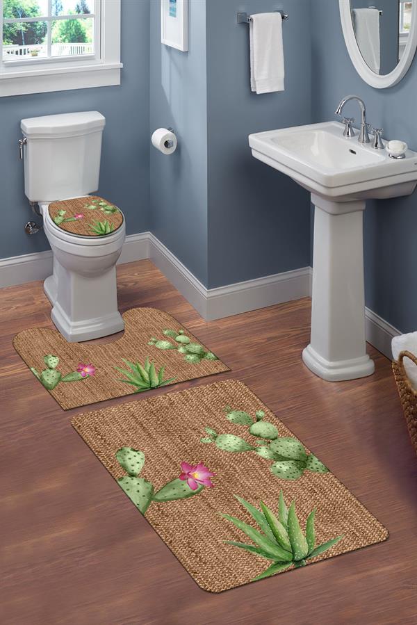 Yıkanabilir Kaymaz Tabanlı Modern Desenli 3'lü Klozet Takımı Banyo Paspas Seti
