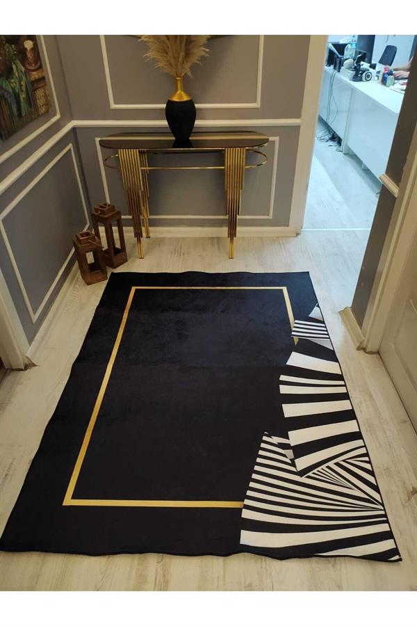 Zebra Çerçeve Desenli Kaymaz Tabanlı Yıkanabilir Leke Tutmaz Dokuma Taban Halı Drk8056-10