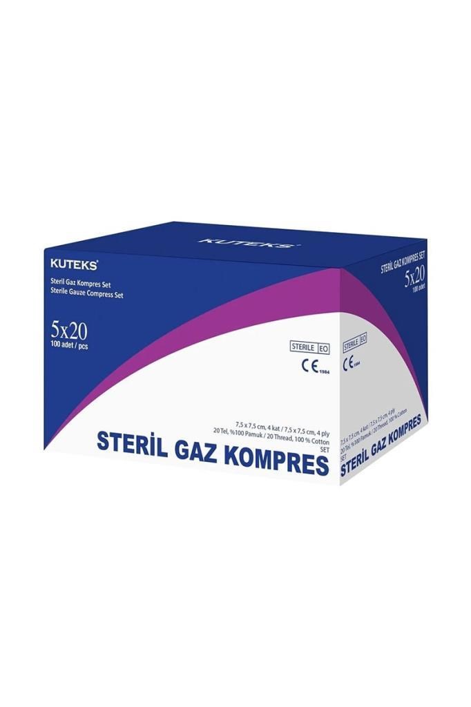 Kuteks Steril Gaz Kompres 4 Kat 7,5cm x 7,5cm 100'lüKuteks Steril Gaz Kompres 7,5cm x 7,5cm 4 Kat (5x20 Adet) 100lüKuteks
