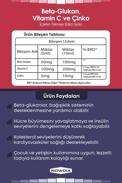 Nowdix  Beta Glukan Vitamin C Çinko Şurup 150 ml
