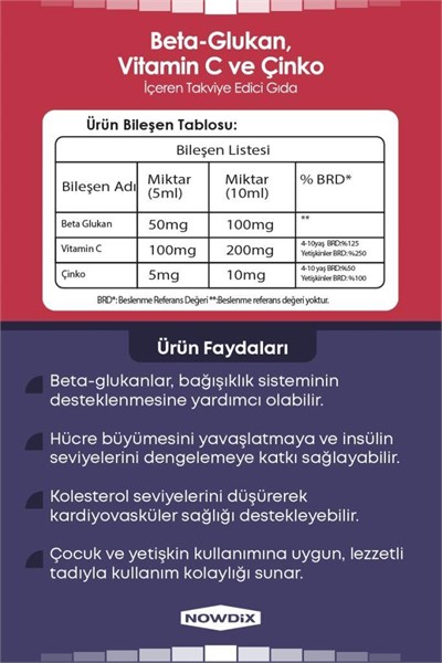 Nowdix  Beta Glukan Vitamin C Çinko Şurup 150 ml