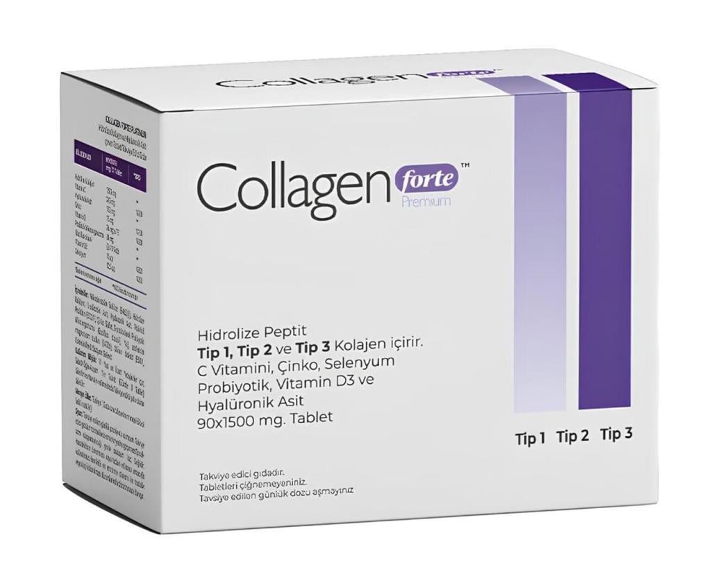 Collagen Forte Platinum Premium 3 Tip Kolajen, Hyalüronik Asit, Çinko, Selenyum & Vitamin C, 90 TabletCollagen Forte Platinum Premium 3 Tip Kolajen, Hyalüronik Asit, Çinko, Selenyum & Vitamin C, 90 TabletCollagen Forte