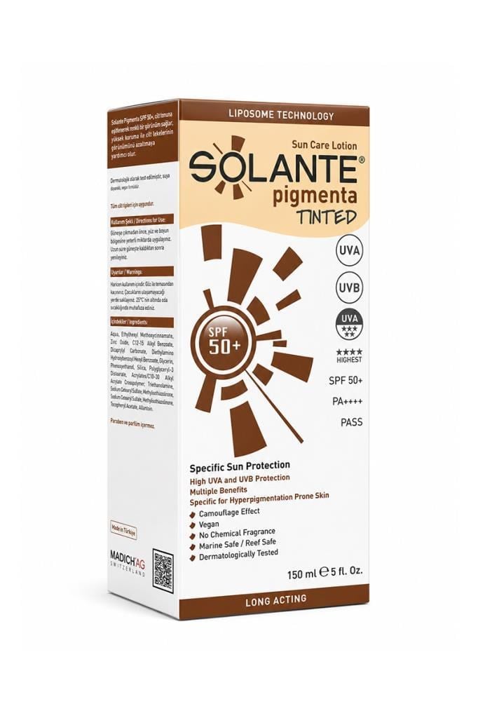Solante Pigmenta Renkli SPF 50+ 150 ml Güneş LosyonuSolante Pigmenta Lekeli Ciltler için Renkli 150 ml 50 Faktör Güneş LosyonuSolante
