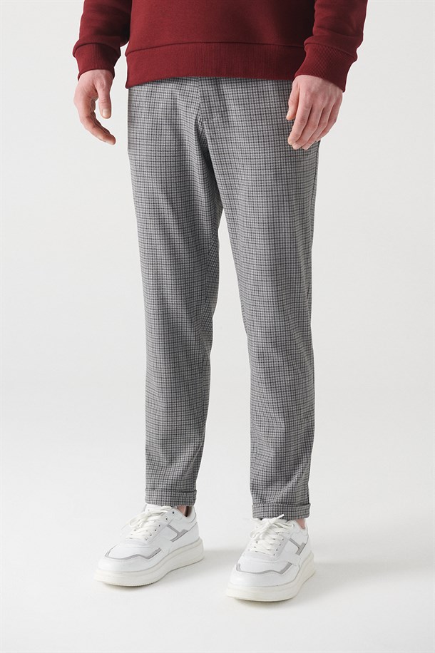 Açık Gri Beli Lastikli Ekoseli Relaxed Fit Jogger Pantolon