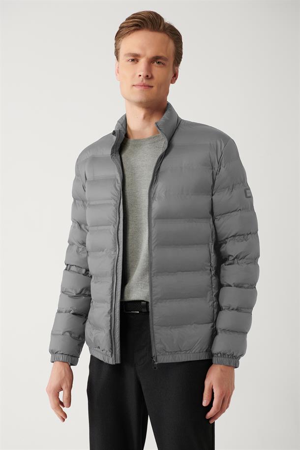 Açık Gri Dik Yaka Su İtici Rüzgar Geçirmez Hafif Comfort Fit Rahat Kesim Şişme Mont