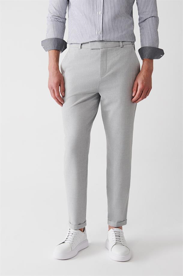 Açık Gri Slim Fit Chino Dokulu Pantolon