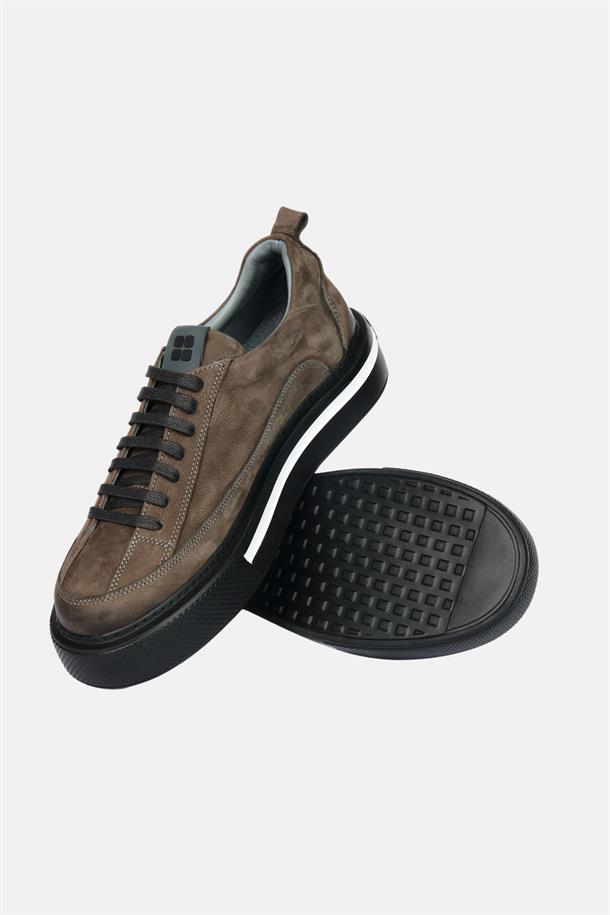 Antrasit %100 Deri Bağcıklı Esnek Taban Sneaker Ayakkabı