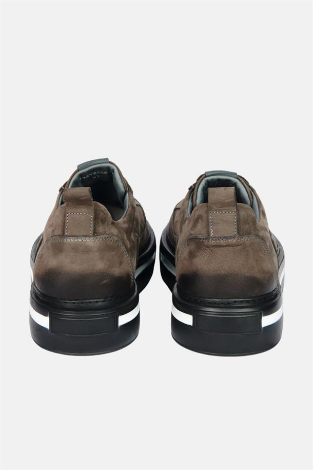 Antrasit %100 Deri Bağcıklı Esnek Taban Sneaker Ayakkabı