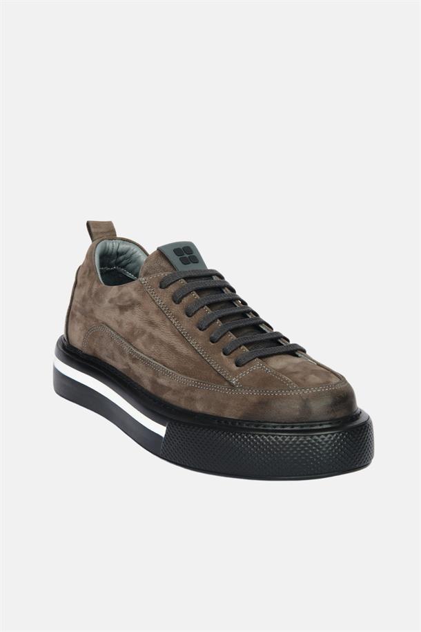 Antrasit %100 Deri Bağcıklı Esnek Taban Sneaker Ayakkabı
